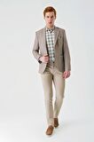 Bej Örme Mono Yaka Çift Yırtmaç Likralı 6 Drop Slim Fit Dar Kesim Klasik Ceket 1002240138