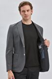 Koyu Antrasit Desenli Kırlangıç Yaka Likralı 6 Drop Slim Fit Dar Kesim Casual Ceket 1002240155