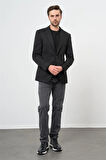 Siyah Kendinden Desenli Örme Mono Yaka Yarım Astar Çift Yırtmaç 2 Düğme 6 Drop Slim Fit Classic Ceket 1002240250