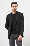 Siyah Kendinden Desenli Örme Mono Yaka Yarım Astar Çift Yırtmaç 2 Düğme 6 Drop Slim Fit Classic Ceket 1002240250