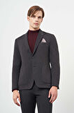 Siyah Kendinden Desenli Örme Kılıç Yaka Astarsız Çift Yırtmaç 2 Düğme 6 Drop Slim Fit Casual Ceket 1002245156