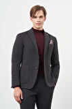 Siyah Kendinden Desenli Örme Kılıç Yaka Astarsız Çift Yırtmaç 2 Düğme 6 Drop Slim Fit Casual Ceket 1002245156