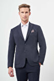 Lacivert Kendinden Desenli Örme Kılıç Yaka Astarsız Çift Yırtmaç 2 Düğme 6 Drop Slim Fit Casual Ceket 1002245156