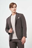 Koyu Kahverengi Kendinden Desenli Örme Kılıç Yaka Astarsız Çift Yırtmaç 2 Düğme 6 Drop Slim Fit Casual Ceket 1002245156
