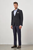 Koyu Lacivert Kendinden Desenli Gofreli Mono Yaka Kelebek Astar Çift Yırtmaç 2 Düğme 6 Drop Slim Fit Classic Ceket 1002245158