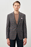 Füme Ekose Desen Bez Ayağı Mono Yaka Tam Astar Esnek 6 Drop Slim Fit Classic Ceket 1002245160
