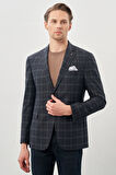 Koyu Lacivert Ekose Desen Bez Ayağı Mono Yaka Tam Astar Esnek 6 Drop Slim Fit Classic Ceket 1002245160