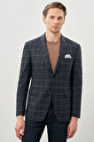 Koyu Lacivert Ekose Desen Bez Ayağı Mono Yaka Tam Astar Esnek 6 Drop Slim Fit Classic Ceket 1002245160