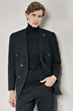 Siyah Kılıç Yaka Astarlı Çift Yırtmaç Pamuklu 6 Drop Slim Fit Classic Kruvaze Ceket 1002255113