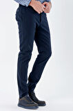 Lacivert Armürlü %100 Pamuk Yan Cepli Slim Fit Dar Kesim Casual Pantolon 1003235117