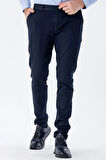 Koyu Lacivert Desenli Armürlü Pamuklu Yan Cepli Slim Fit Dar Kesim Casual Pantolon 1003235120