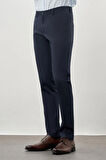 Koyu Lacivert Kendinden Desenli Bez Ayağı Pamuklu Yan Cep Slim Fit Casual Pantolon 1003245168