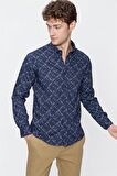Uzun Kol Baskılı Düğmeli Yaka  Slim Fit Dar Kesim Klasik Gömlek 1004220289 Lacivert