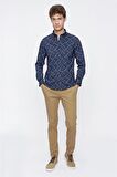 Uzun Kol Baskılı Düğmeli Yaka  Slim Fit Dar Kesim Klasik Gömlek 1004220289 Lacivert