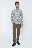 Uzun Kol Baskılı  Pamuklu Likralı Slim Fit Dar Kesim Klasik Gömlek 1004225157 Bej
