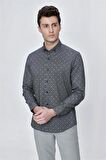 Uzun Kol Baskılı Bez Ayağı Gömlek Yaka  Klasik Slim Fit Dar Kesim Pamuklu Likralı Gömlek 1004225209 Siyah