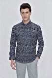 Uzun Kol Baskılı Bez Ayağı Gömlek Yaka  Klasik Slim Fit Dar Kesim Pamuklu Likralı Gömlek 1004225210 Koyu Lacivert