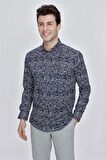 Uzun Kol Baskılı Bez Ayağı Gömlek Yaka  Klasik Slim Fit Dar Kesim Pamuklu Likralı Gömlek 1004225210 Koyu Lacivert