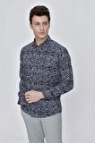 Uzun Kol Baskılı Bez Ayağı Gömlek Yaka  Klasik Slim Fit Dar Kesim Pamuklu Likralı Gömlek 1004225210 Koyu Lacivert
