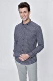 Uzun Kol Baskılı Bez Ayağı Gömlek Yaka  Klasik Slim Fit Dar Kesim Pamuklu Gömlek 1004225223 Koyu Lacivert