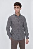 Uzun Kol Baskılı Bez Ayağı Gömlek Yaka  Klasik Slim Fit Dar Kesim Pamuklu Gömlek 1004225223 Koyu Kahverengi