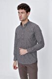 Uzun Kol Baskılı Bez Ayağı Gömlek Yaka  Klasik Slim Fit Dar Kesim Pamuklu Gömlek 1004225223 Koyu Kahverengi