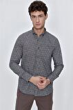 Uzun Kol Baskılı Bez Ayağı Gömlek Yaka  Klasik Slim Fit Dar Kesim Pamuklu Gömlek 1004225223 Koyu Kahverengi