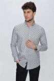 Uzun Kol Baskılı Bez Ayağı Düğmeli Yaka  Klasik Slim Fit Dar Kesim Pamuklu Likralı Gömlek 1004225246 Gri