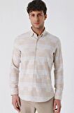Uzun Kollu ÇizgiliCepsiz %100 Pamuk Klasik Slim Fit Dar Kesim Gömlek 1004230164 Camel