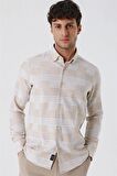Uzun Kollu ÇizgiliCepsiz %100 Pamuk Klasik Slim Fit Dar Kesim Gömlek 1004230164 Camel