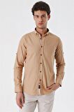 Kısalabilir Kollu Cepsiz Biyeli %100 Pamuk Casual Slim Fit Dar Kesim Gömlek 1004230179 Camel