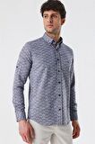 Kısalabilir Kollu Desenli JakarlıCepsiz %100 Pamuk Casual Slim Fit Gömlek 1004230181 Koyu Lacivert