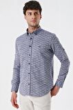 Kısalabilir Kollu Desenli JakarlıCepsiz %100 Pamuk Casual Slim Fit Gömlek 1004230181 Koyu Lacivert