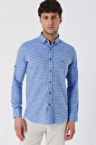 Kısalabilir Kollu Desenli JakarlıCepsiz %100 Pamuk Casual Slim Fit Gömlek 1004230181 Mavi