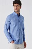 Kısalabilir Kollu Desenli JakarlıCepsiz %100 Pamuk Casual Slim Fit Gömlek 1004230181 Mavi