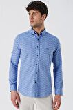 Kısalabilir Kollu Desenli JakarlıCepsiz %100 Pamuk Casual Slim Fit Gömlek 1004230181 Mavi