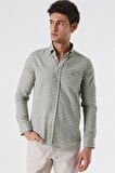 Kısalabilir Kollu Desenli JakarlıCepsiz %100 Pamuk Casual Slim Fit Gömlek 1004230181 Koyu Haki