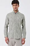 Kısalabilir Kollu Desenli JakarlıCepsiz %100 Pamuk Casual Slim Fit Gömlek 1004230182 Koyu Haki
