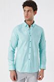 Kısalabilir Kollu Desenli JakarlıCepsiz %100 Pamuk Casual Slim Fit Gömlek 1004230183 Açık Yeşil
