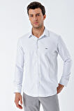 Beyaz Uzun Kollu Desenli Armürlü Sert Yaka Cepsiz Pamuklu Klasik Slim Fit Gömlek 1004230203