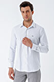 Beyaz Uzun Kollu Desenli Armürlü Sert Yaka Cepsiz Pamuklu Klasik Slim Fit Gömlek 1004230203