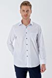 Beyaz Uzun Kollu Kareli Sert Yaka Cepli Pamuklu Klasik Comfort Fit Gömlek 1004230215