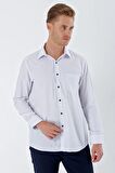 Beyaz Uzun Kollu Kareli Sert Yaka Cepli Pamuklu Klasik Comfort Fit Gömlek 1004230215