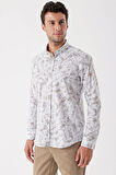 Beyaz Uzun Kollu Baskılı Bez Ayağı Cepsiz Garnili Klasik Slim Fit Dar Kesim Gömlek 1004230229
