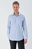 Mavi Uzun Kollu Sert Yaka Cepli Pamuklu Basic Comfort Fit Rahat Kesim Gömlek 1004230351