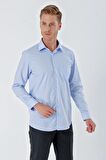 Mavi Uzun Kollu Sert Yaka Cepli Pamuklu Basic Comfort Fit Rahat Kesim Gömlek 1004230351
