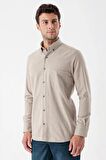 Açık Bej Uzun Kollu Gabardin Sert Yaka Cepli Casual Comfort Fit Rahat Kesim Gömlek 1004235108