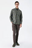 Uzun Kollu Ekoseli Gabardin Sert Yaka Cepli Garnili Casual Comfort Fit Gömlek 1004235109 Koyu Haki