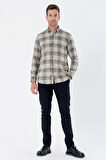 Uzun Kollu Ekoseli Gabardin Sert Yaka Cepli Garnili Casual Comfort Fit Gömlek 1004235111 Açık Bej