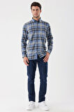 Uzun Kollu Ekoseli Gabardin Sert Yaka Cepli Garnili Casual Comfort Fit Gömlek 1004235112 Koyu Mavi